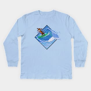 Dachshund dog surfing waves Kids Long Sleeve T-Shirt